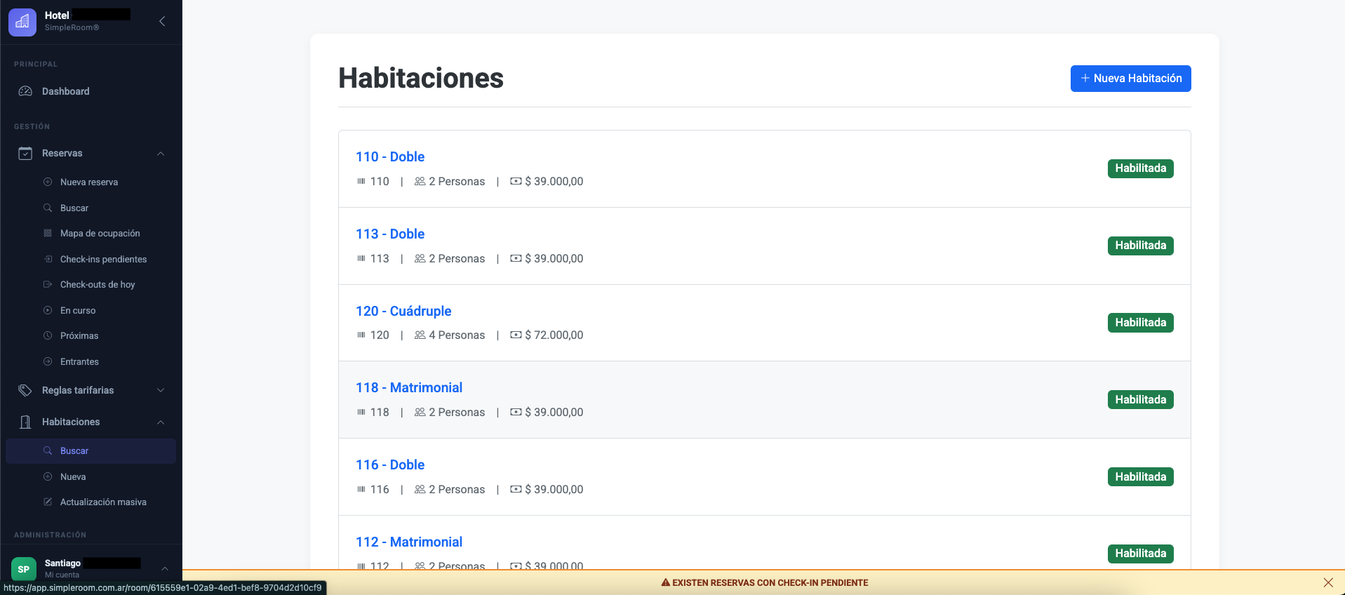 Gestión de habitaciones y tipos de alojamiento en SimpleRoom